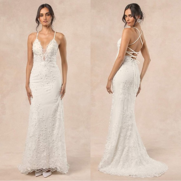 Sz 4 NWOT Lulus Enchanting Eternity Ivory Pearl Lace-Up‎ Backless Maxi Dress - Picture 1 of 9